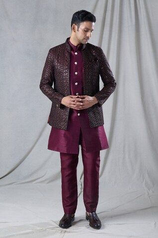 Maroon long jacket with abstract, geometric, sequin embroidery. Paired with an inner kurta. Comes along with a pant. - Aza Fashions Diwali Fitted Kurta With Geometric Embroidery, Designer Long Sleeve Sets With Mirror Work, Long Sleeve Nehru Jacket With Mirror Work For Reception, Festive Long Sleeve Bandhgala With Sequins, Festive Long Sleeve Sequined Bandhgala, Designer Long Sleeve Nehru Jacket With Mirror Work, Festive Sherwani With Geometric Embroidery, Festive Sets With Geometric Embroidery For Diwali, Festive Diwali Set With Geometric Embroidery