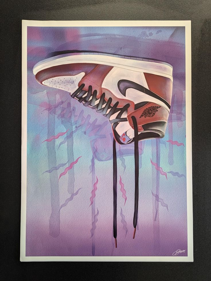 a painting of a shoe hanging upside down