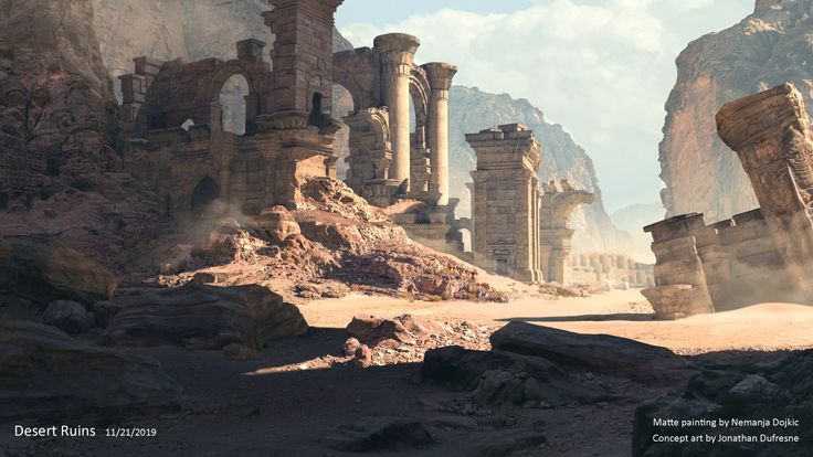 the ruins of an ancient city are surrounded by rocky mountains and desert terrain, with dust blowing in the foreground