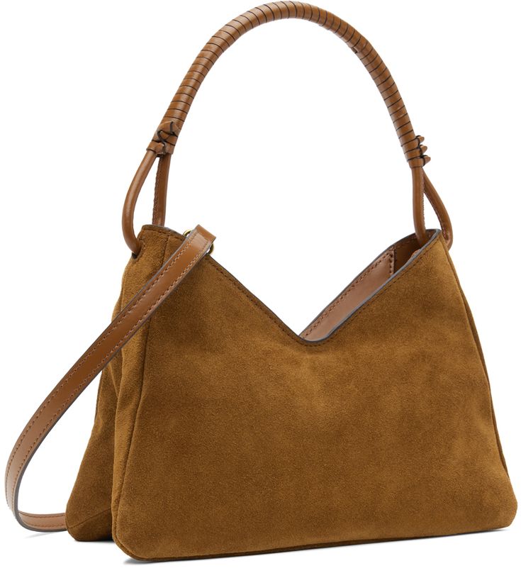 Suede shoulder bag in tan. · Hand-wrapped and knotted detailing at carry handle · Adjustable and detachable leather crossbody strap · Logo embossed at face · Zip closure · Patch pocket at interior · Moiré lining · Logo-engraved gold-tone hardware · H7 x W10 x D3 Supplier color: Tan Brown Hobo Bag With Rolled Top Handles, Brown Evening Bag With Rolled Handles, Chic Brown Satchel With Rolled Handles, Staud Leather Bags With Round Handle, Staud Rectangular Bag With Adjustable Strap, Staud Shoulder Bag With Leather Handles, Brown Crossbody Bag With Rolled Handles, Staud Shoulder Bag With Adjustable Strap, Staud Shoulder Bag With Leather Handles For Everyday