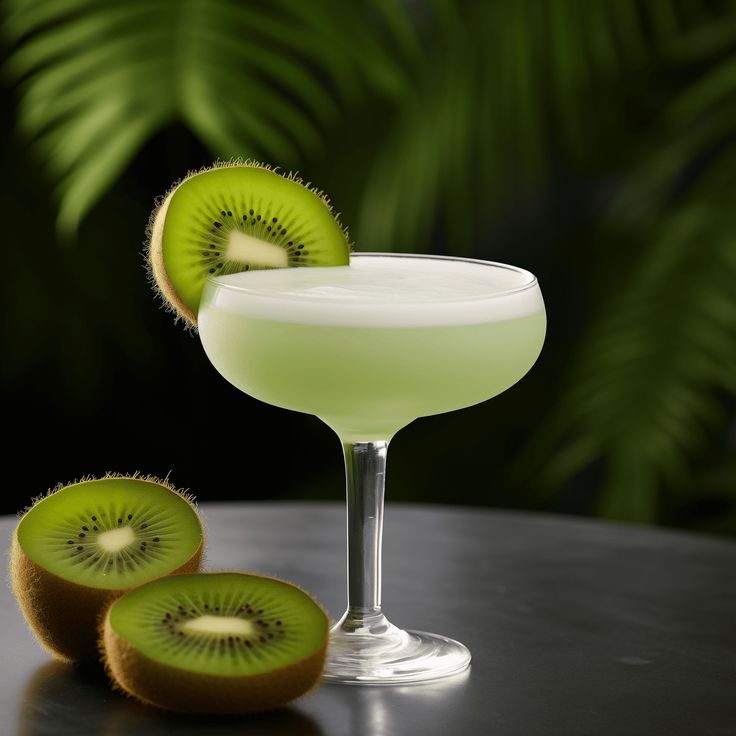 two kiwi slices sitting on top of a table next to a glass filled with liquid