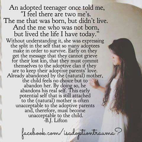 a woman with long hair standing in front of a white wall and text that reads, an adopted teenager once told me the me that was born, but didn't