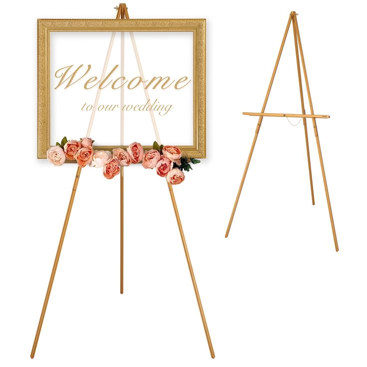 an easel with flowers and a sign that says welcome to your wedding