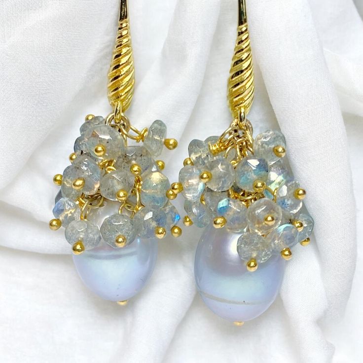 Grey Pearl Cluster Earrings Labradorite, Wedding Earrings, Gold, Gray Gemstone Platinum Silver Pearl, Mother of the Bride Earrings, Mom Gift Beautiful, silver grey freshwater pearls dangle beneath intensely sparkling and blue flash faceted labradorite gemstone clusters to create these handmade, wire wrapped gold filled earrings. Lots of magical blue flash in these very high quality labradorite stones.  The labradorite rondelles are mounted on 24kt gold vermeil over sterling ball headpins to clus Handmade Briolette Earrings For Anniversary, Fine Jewelry Briolette Earrings For Wedding, Briolette Wedding Earrings Fine Jewelry, Briolette Gemstone Earrings For Wedding, Briolette Pearl Earrings With Gemstone For Wedding, Faceted Long Drop Earrings For Anniversary, Fine Jewelry Faceted Wedding Earrings, Wedding Briolette Pearl Earrings With Gemstone, Teardrop Multi-stone Earrings For Wedding