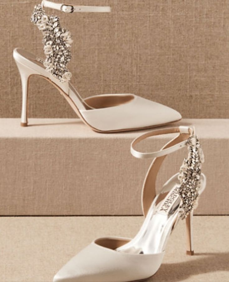 These Sleek Satin Heels Sparkle With Every Step Thanks To Intricately Embellished Crystal Straps. By Badgley Mischka Adjustable Ankle Strap With Buckle Closure 3.75” Heel Satin Upper; Leather Sole Imported New And Unused Without Box Line Through Label To Prevent Store Returns From A Pet And Smoke Free Environment Badgley Mischka Bridal, Ivory Wedding Shoes, Wedding Pumps, Badgley Mischka Shoes, Bridal Heels, Satin Heels, White Pumps, Wedding Heels, White Heels