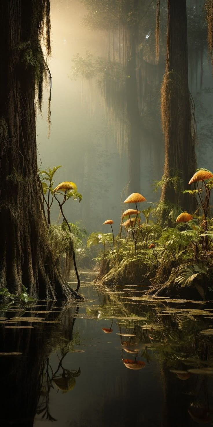 a swampy area with trees and plants growing on the water's edge, surrounded by fog