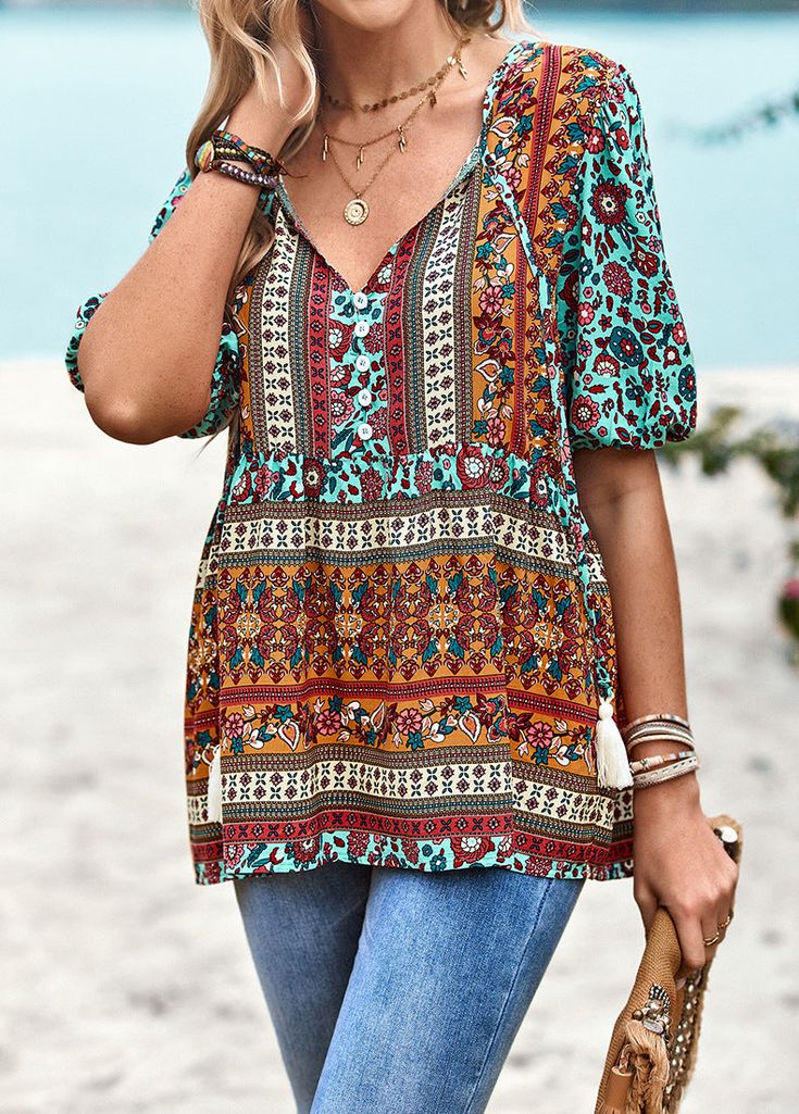 Women's Bohemian Blouse V-Neck Floral Print Shirt Top Multicolor V-neck Peasant Top For Fall, Bohemian V-neck Top With Boho Print, Fall Bohemian V-neck Blouse, Green V-neck Tops For Festival, Multicolor V-neck Peasant Top For Festival, Bohemian V-neck Peasant Top With Floral Print, Bohemian V-neck Blouse With Boho Print, Bohemian V-neck Printed Blouse, Festival Floral Print V-neck Top