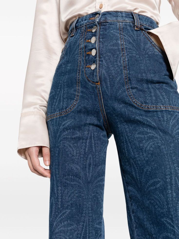 ETRO Buttoned Flared Jeans - Farfetch Denim Flares, Flared Jeans, Dark Wash Denim, Slim Legs, Color Names, Stretch Cotton, Flare Jeans, Floor Length, Blue Jeans