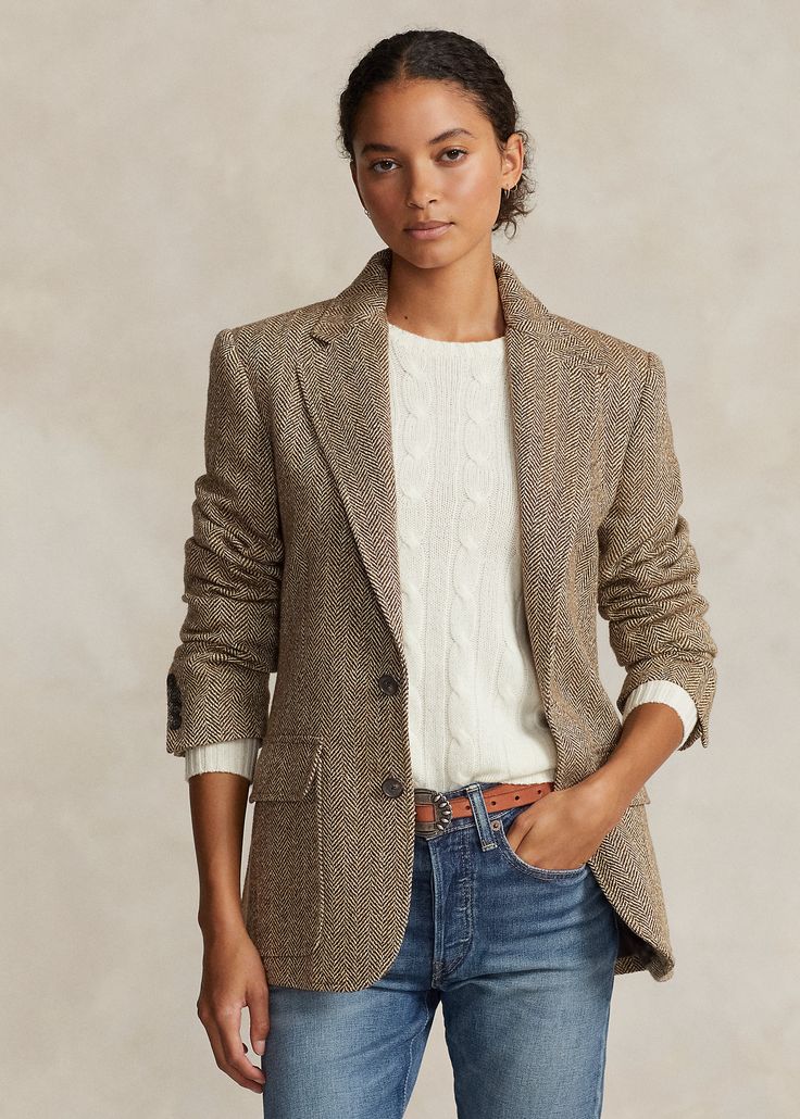 Herringbone Linen-Blend Blazer for Women | Ralph Lauren® UK Women’s Ralph Lauren, Ralph Lauren Business Women, Ralph Lauren Inspired Outfits, Ralph Lauren Blazer Outfit, Ralph Lauren Street Style, Tweed Blazer Outfit Women, Ralph Lauren Outfits Women, Casual Corporate, Kids Blazers