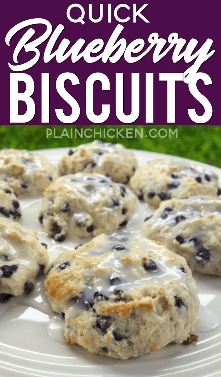 blueberry biscuits on a white plate with the words, quick blueberry biscuits plain chicken com