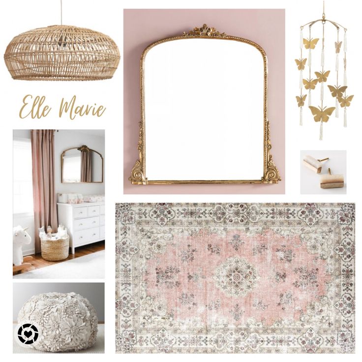 a collage of pink and gold decor including a mirror, rugs, pillows, lamps and other items