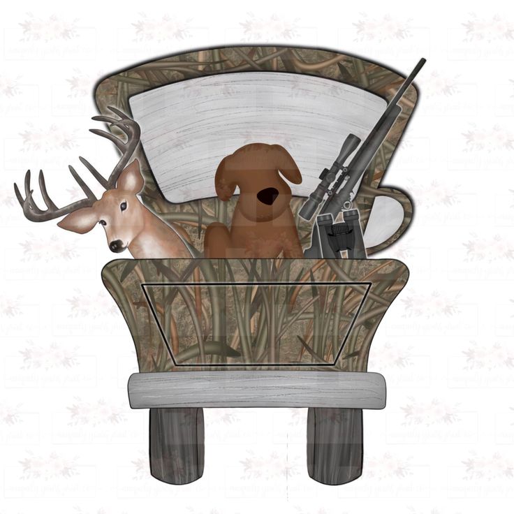 a dog in a hunting car with two deer heads