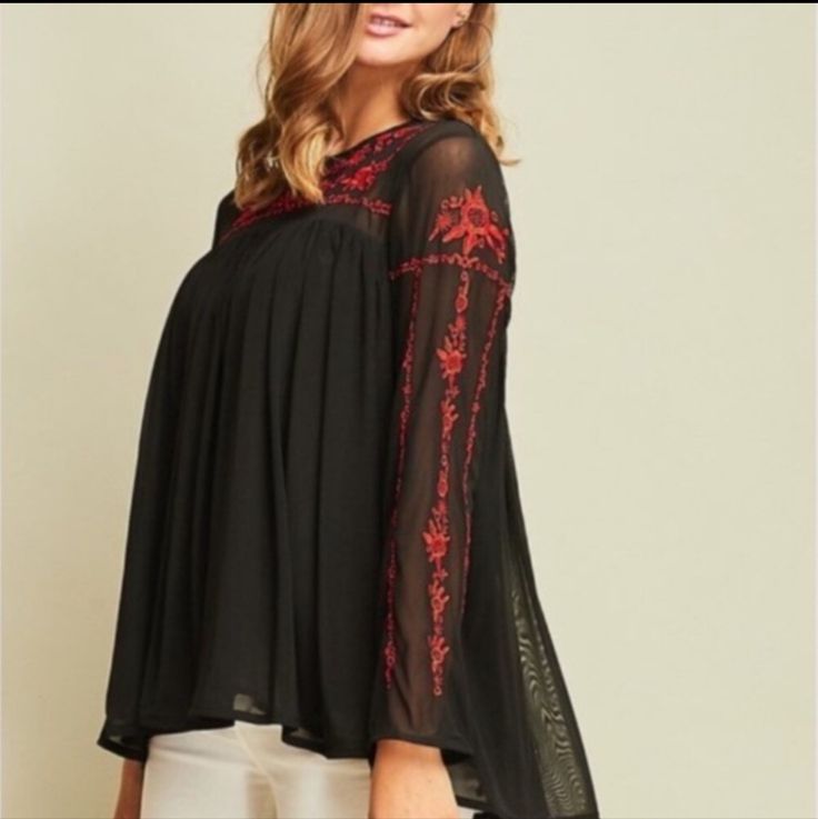 Entro Black Flowy Long Sleeve Boho Blouse With Red Floral Embroidery. Size S. Brand New With Tags But Flawed: Top Button On The Back Is Missing. Shirt Does Come With An Extra Button Though, So You Can Just Stitch It On And It's Good To Go. Sheer Arms And Shoulders. Lined On The Chest And Down. Red Floral Embroidery On The Arms And Collar. Flowy Shape. Very Pretty Top. Great Piece For The Fall And Spring. Festive Black Embroidered Top With Floral Details, Festive Black Embroidered Floral Top, Black Festive Blouse For Spring, Festive Black Floral Embroidered Top, Black Summer Festive Blouse, Festive Spring Blouse With Embroidered Neckline, Black Festive Blouse For Summer, Black Blouse With Intricate Embroidery For Festival, Festive Black Blouse For Summer