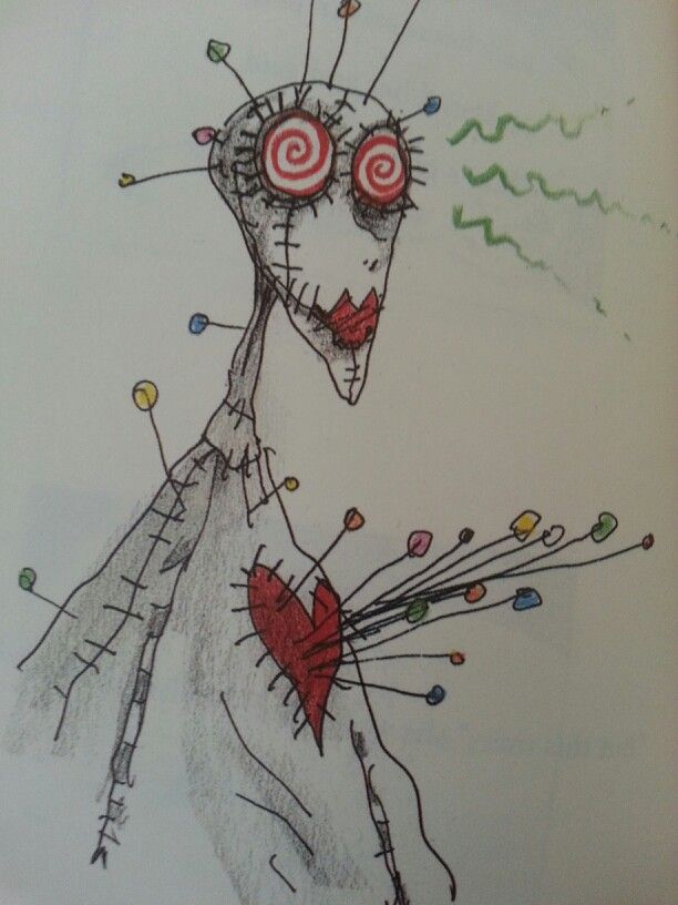 a drawing of a zombie holding candy canes in its mouth and eyes with an eye patch on it