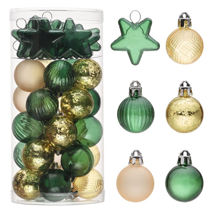 green and gold ornaments are in a clear container