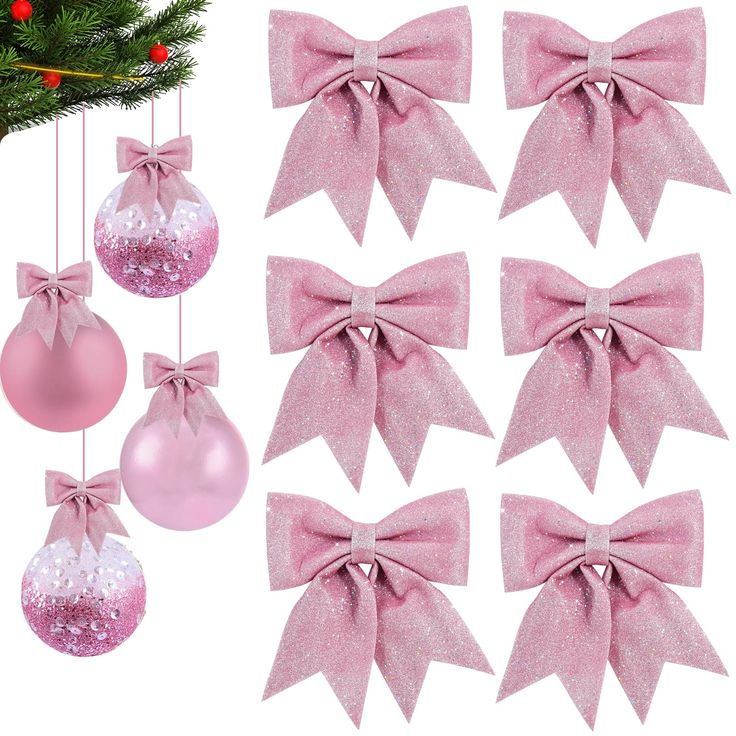 christmas ornaments with pink bows and baubles hanging from the top of each ornament