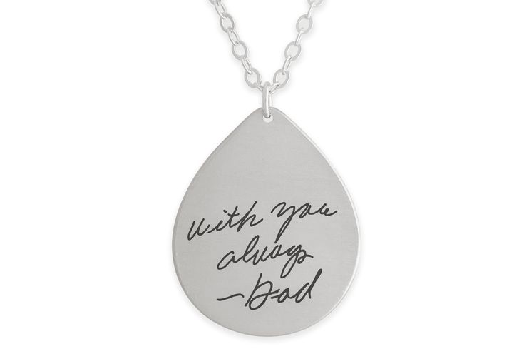 Large teardrop shaped, sterling silver necklace. Engrave this piece front and back with your own handwriting, fingerprints, doodles or important dates. ▪️ Qty: 1 Necklace ▪️ Material: Sterling Silver ▪️ Pendant Measures: 1.25" x 1" (32mm x 25.4mm) ▪️ Chain: 1.7mm Sterling Cable Chain (Choice of length) ▪️ Satin brushed texture For good visibility, stay within a 10 word limit (per side) when personalizing this piece.