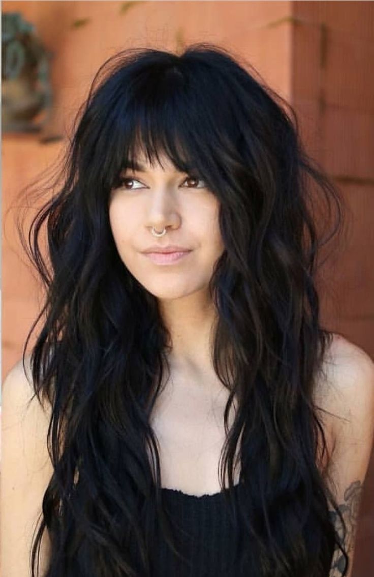 Doesn't this make you want to have bangs? #bangs #longhair #shag Long Shag Hairstyles With Curtain Bangs, Long Textured Layers With Curtain Bangs, Medium Length Haircut For Thinning Wavy Hair, Long Layered Boho Hair, 2023 Haircut Ideas, Long Dark Hair With Fringe Bangs, Shags For Long Hair, 2024 Womens Long Hair Trends, Edgy Haircuts For Long Hair With Bangs