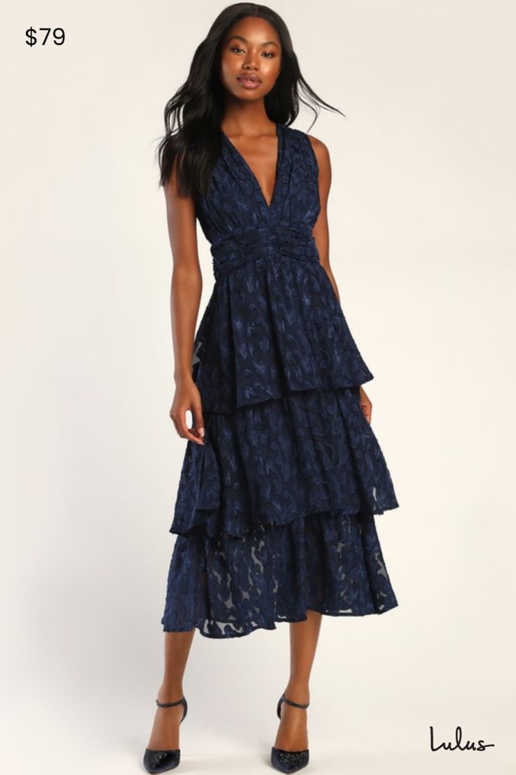 You'll be the star of the show every time when you wear the Lulus Make It Mesmerizing Navy Blue Jacquard Tiered Midi Dress! Lightweight woven chiffon, with an eye-catching floral-inspired jacquard pattern throughout, shapes this darling dress. Wide tank straps support a V-neck bodice with a gathered waist and a V-back crossed by a single tie. Tiered skirt cascades down to a mini hem. Hidden zipper/clasp at back. Fit: This garment runs small - please size up. Length: Mid-calf length. Size medium Tiered Midi Dress For Night Out, Navy Midi Dress For Spring Party, Navy Blue Midi Dress, Lulu Fashion, Darling Dress, Tiered Midi Dress, Jacquard Pattern, Tier Skirt, Tiered Skirt