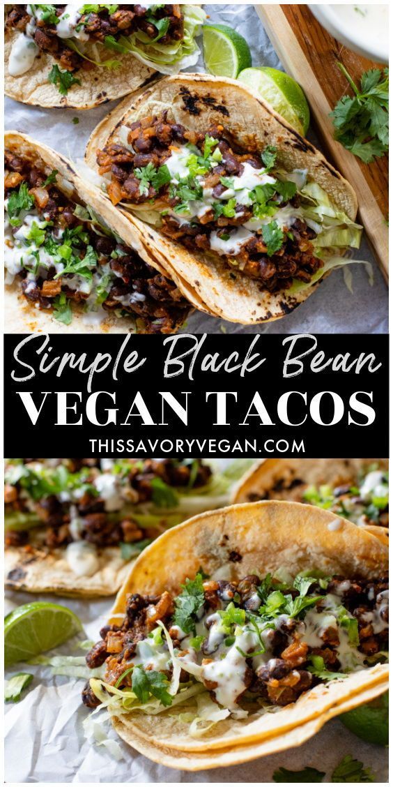 simple black bean vegan tacos with shredded lettuce and cilantro