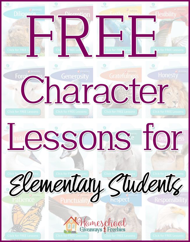 a poster with the words free character lessons for elementary students, including pictures of animals and birds