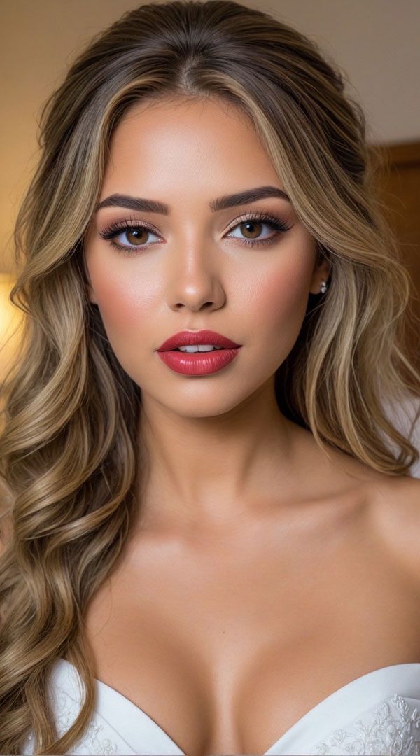 Elegant Bridal Makeup Red Lips, Wedding Makeup For Heart Shaped Face, Bridesmaid Makeup Hazel Eyes Blonde Hair, Wedding Makeup For Amber Eyes, Wedding Makeup For Cool Skin Tones, Makeup Ideas For Round Face Shape, Bridal Makeup For Olive Skin Tone, Natural Makeup Bride Brown Eyes, Soft Glam Makeup Oval Face