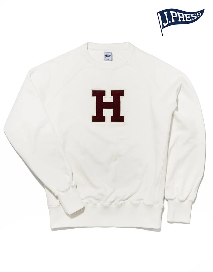 HARVARD "H" SWEATSHIRT - WHITE Classic White Sweater With Embroidered Logo, White Sweatshirt With Embroidered Logo For Streetwear, White Fall Sweater For College, Oversized White Varsity Sweatshirt, White Oversized Varsity Sweatshirt, White Crew Neck Sweatshirt With Embroidered Logo, White Embroidered Logo Crew Neck Sweatshirt, White Cotton College Sweater, White Relaxed Fit Sweater For College