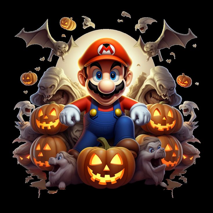 an image of mario in front of pumpkins with bats and bats around him on a black background