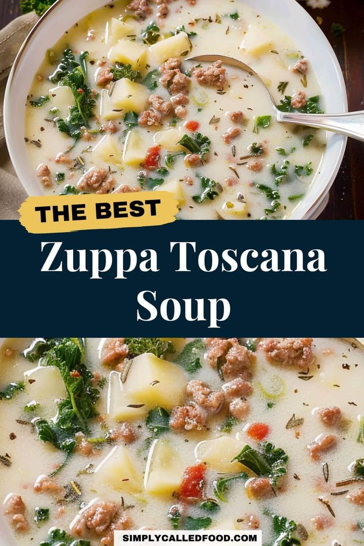 the best zuppa toscana soup with spinach and sausage in a white bowl