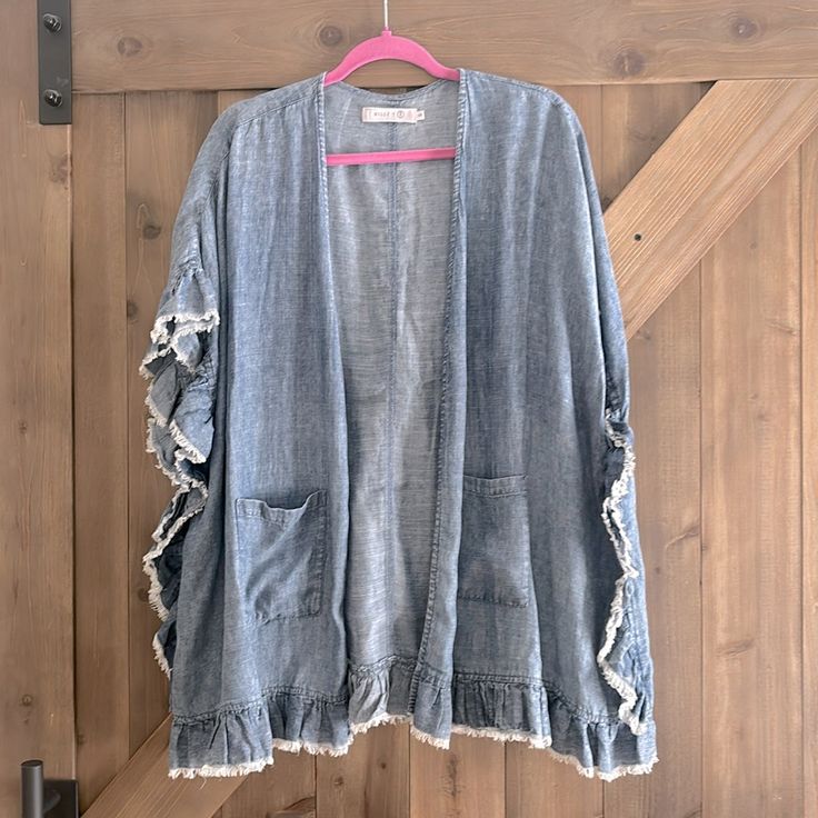 Billy T Denim Kimono. So Darling. Easy Fit. Size Small. New Without Tags. Spring Medium Wash Denim Top With Ruffles, Short Sleeve Denim Top With Ruffles, Medium Wash Denim Top With Frayed Hem For Spring, Denim Blue Short Sleeve Top With Ruffles, Spring Denim Top With Ruffles Short Sleeve, Spring Denim Top With Ruffles And Short Sleeves, Spring Short Sleeve Denim Top With Ruffles, Trendy Light Wash Denim Top With Ruffles, Denim Blue Ruffled Short Sleeve Top