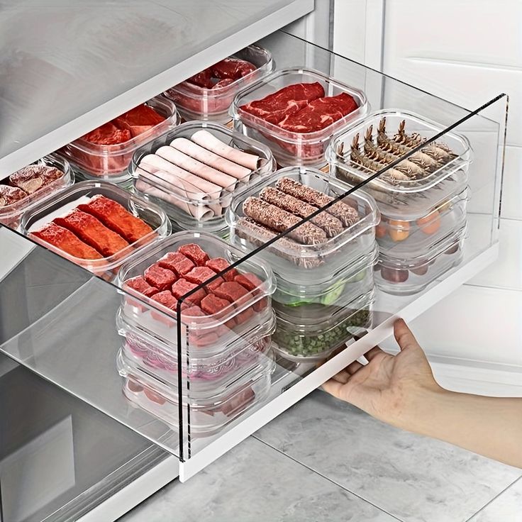 an open refrigerator door with food in containers on the bottom shelf and one hand reaching for it