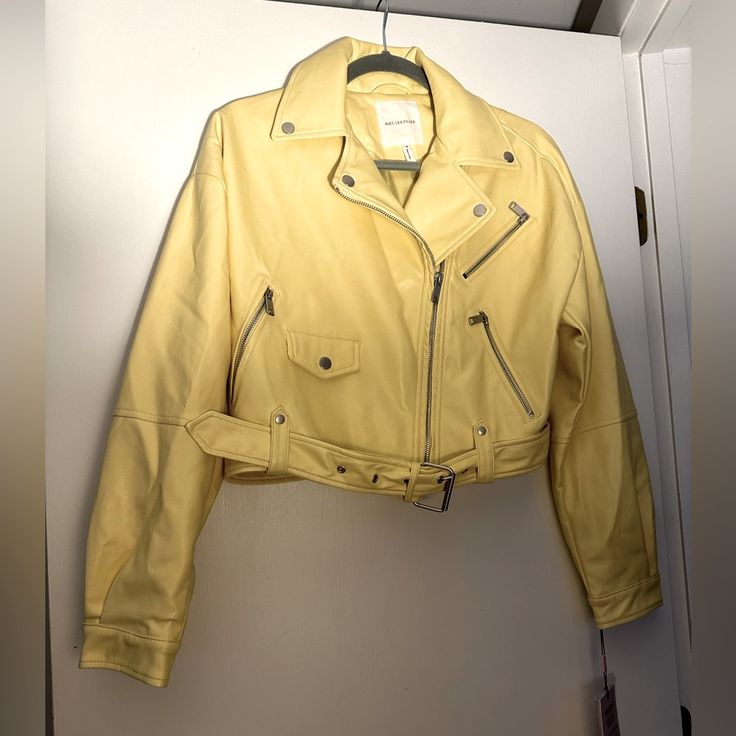 Nwt Butter Yellow Faux Leather Size Small Jacket. Trendy Spring Leather Jacket With Faux Pockets, Spring Faux Leather Long Sleeve Outerwear, Yellow Leather Jacket For Spring With Long Sleeves, Trendy Yellow Biker Jacket For Fall, Casual Yellow Biker Jacket For Spring, Spring Faux Leather Biker Jacket With Pockets, Casual Yellow Leather Jacket For Winter, Yellow Leather Jacket Outfit, Trendy Yellow Biker Jacket For Winter