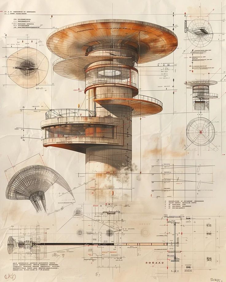 an architectural drawing of a tower with spirals and other details on the top floor