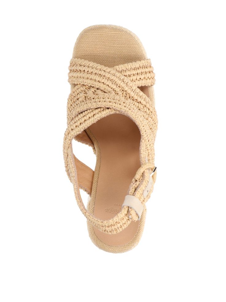 Castañer Adriana sandals in beige raffia with open round toe, back strap closure, and leather sole. Composition: 100% Raffia Chic Straw Sandals With Round Toe, Natural Straw Sandals With Removable Insole, Summer Sandals With Cork-bed Midsoles In Natural Color, Summer Vacation Woven Leather Slingback Sandals, Straw Sandals With Heel Strap And Round Toe, Elegant Wedge Sandals With Heel Strap For Vacation, Elegant Sandals With Buckle Closure For Vacation, Elegant Vacation Sandals With Buckle Closure, Beige Sandals With Buckle Closure For Vacation