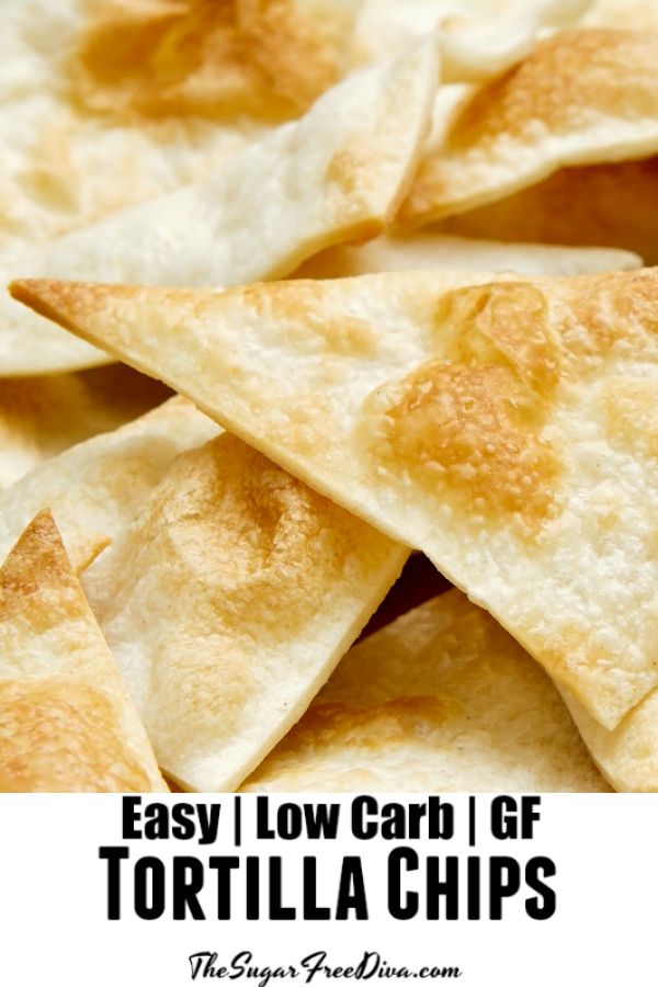 tortilla chips are stacked on top of each other with the words easy low carb gf tortilla chips