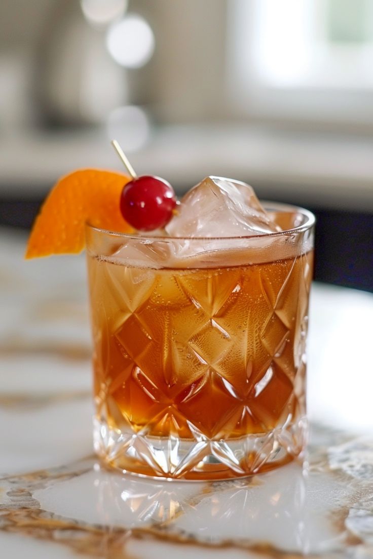 a close up of a drink on a table with a cherry and an orange garnish