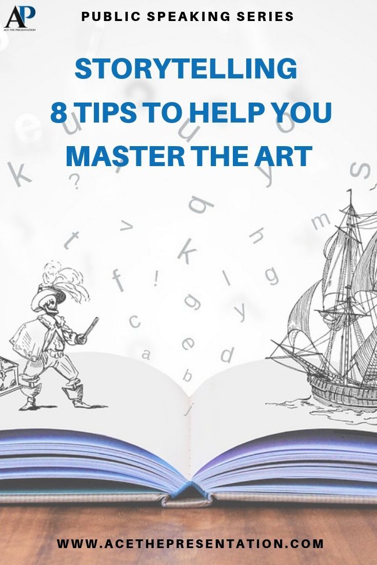 an open book with the title story telling 8 tips to help you master the art