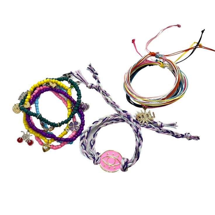 Bright and Joyful, Cheerful Arm Candy Bracelet Set - Weather resistant bracelet mix - Manually knotted - Weightless and soundless - Fits most, small to large wrists Included: - Elastic Seed Beads Colorful Bracelets - Set of 5 - Wire adjustable bracelets or Hilitos Colored & Neon Mix, set of 3 or 5 depending on model - Sets varies upon selection, some includes randomly selected charms, focus piece and manually sewed words Arm Candy Bracelets, Candy Bracelet, Jewelry Online Store, Bracelets Set, Pink Eyes, Charm Set, Colorful Bracelets, Online Jewelry Store, Arm Candy