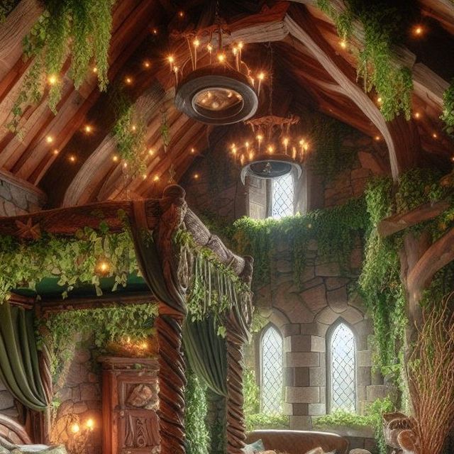 a bedroom with lots of greenery on the walls and ceiling, along with an arched window