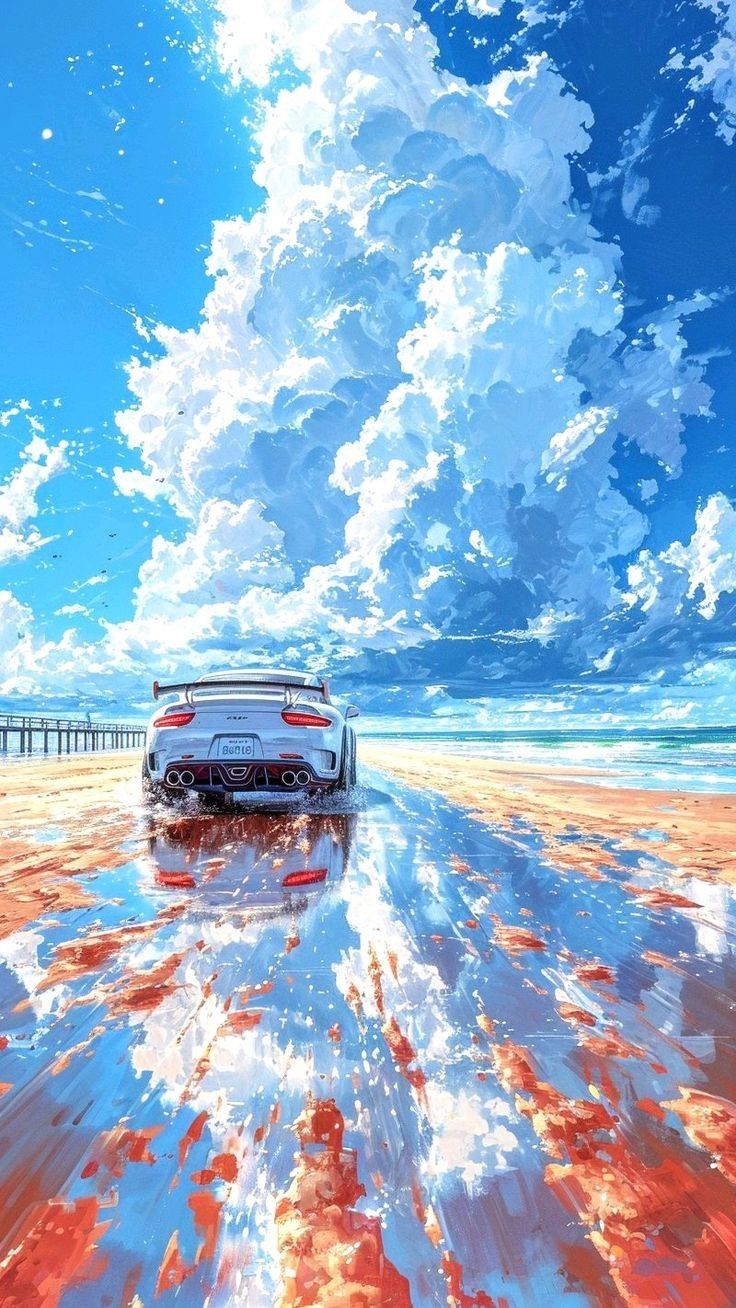 a white car driving on top of a beach under a cloudy blue sky with clouds