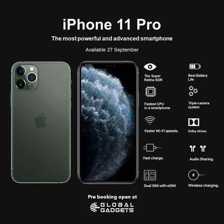 an advertisement for the iphone 11 pro is shown in black and features two different cameras