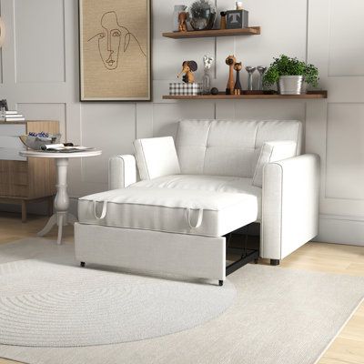 The base of this sleeper sofa pulls forward while the back reclines, transforming into a bed when you have overnight guests. It has a sturdy metal frame that rests on low-profile legs, and it's wrapped in a muted linen-blend fabric. This sofa bed is also generously padded with foam for just the right amount of support as you relax with a good book or enjoy an afternoon snooze. Two toss pillows are included, and subtle biscuit-style tufting completes the overall design. Take note: A minimum door width of 40" is needed for home entry. Wade Logan® Upholstery Color: Beige | Wade Logan® Bedri 49.6" Wide Tufted Back Sofa Bed w / Cushions & Two Pillows 34.2 H x 49.6 W x 72.8 D in white / brownLinen in Beige | 34.2" H X 49.6" W X 72.8" D | Wayfair Overnight Guests, Toss Pillows, Sleeper Sofa, Sofa Bed, Dorm Room, Recliner, Low Profile, Linen Blend, Metal Frame