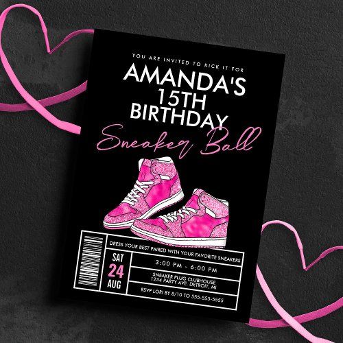 a birthday card with purple sneakers on it and hearts around the edges that reads, amanda's 13th birthday sneaker ball