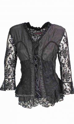 AP Jocelyn Blouse In Black Elegant Lace Stretch Corset, Fitted Alternative Style Corset For Party, Alternative Style Fitted Corset For Night Out, Fitted Lace Trim Corset For Evening, Fitted Alternative Fashion Corset, Fitted Gothic Tops For Alternative Fashion, Gothic Fitted Top For Alternative Fashion, Gothic Stretch Tops For Night Out, Fitted Gothic Tops