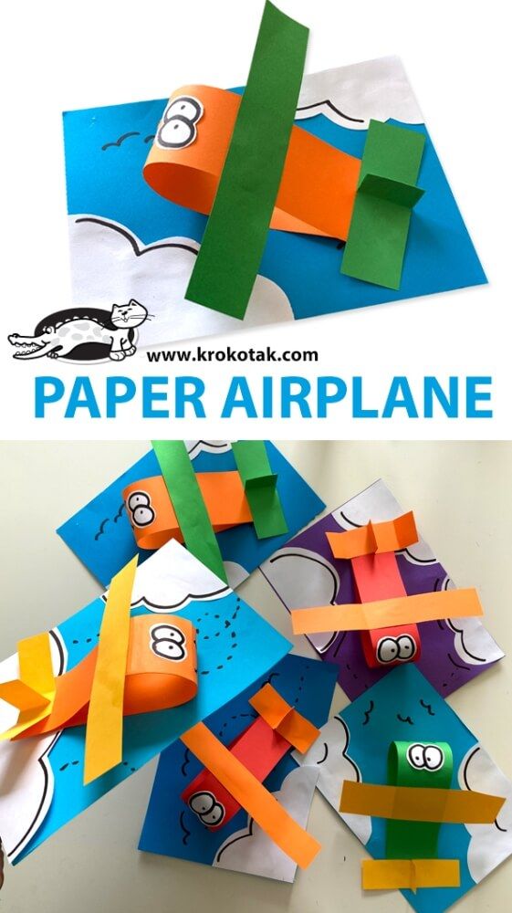 paper airplane made with construction paper and colored strips on the bottom, and an image of a