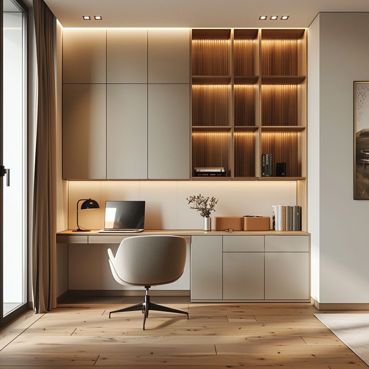 an office with wooden flooring and built in shelving units on either side of the desk