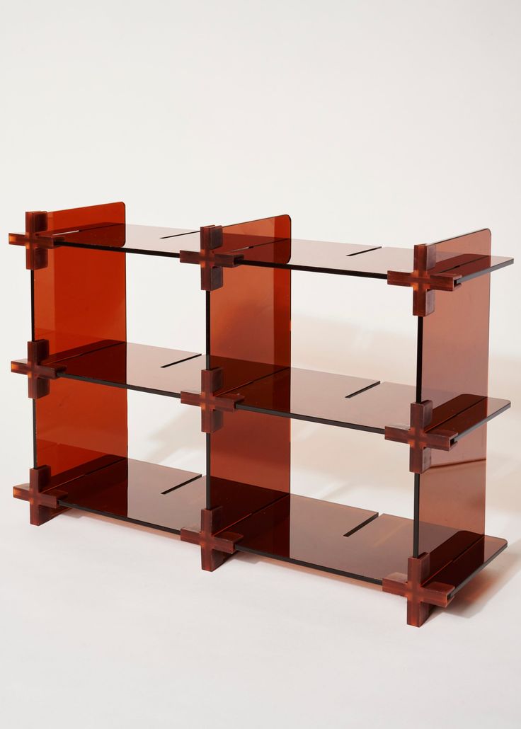 a glass shelf with three shelves on each side and two different sections in the middle