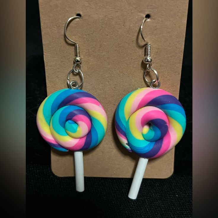 These Adorable Earrings Measure 3 Inches Long And Are Brand New. Sweet Multicolor Earrings For Gift, Sweet Multicolor Handmade Earrings, Novelty Multicolor Earrings With Ear Wire, Novelty Multicolor Earrings For Birthday, Novelty Multicolor Pierced Earrings, Summer Novelty Multicolor Earrings, Multicolor Novelty Earrings, Lollipop Earrings, Colored Clay