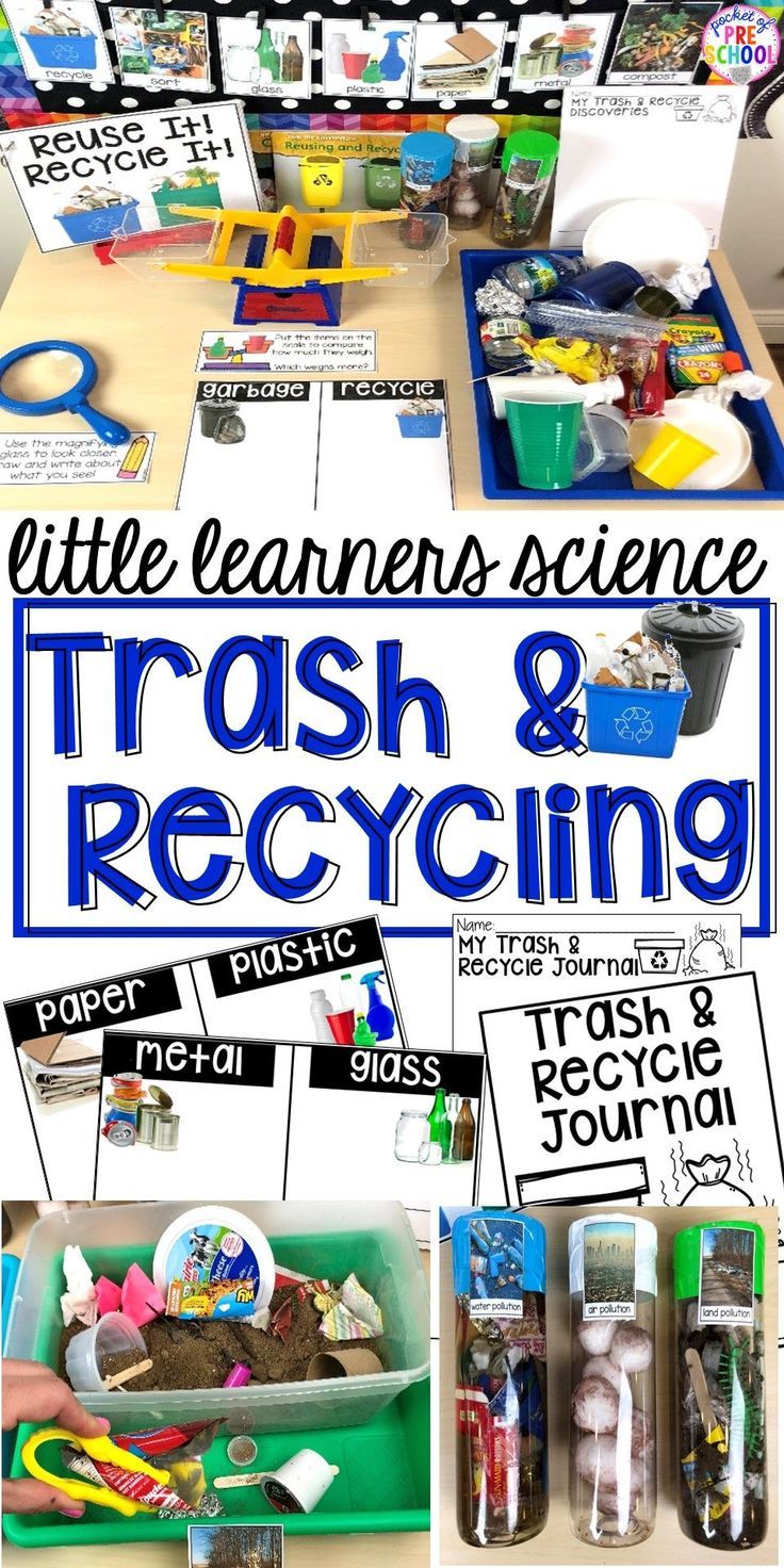 a pile of trash and recycling materials on a table with text overlay that reads little learning science trash & recycling