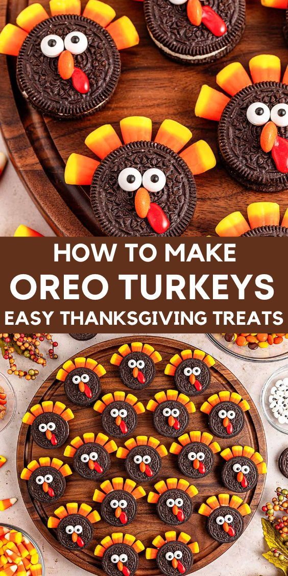 an oreo turkey cookie on a platter with the words how to make oreo turkeys easy thanksgiving treats